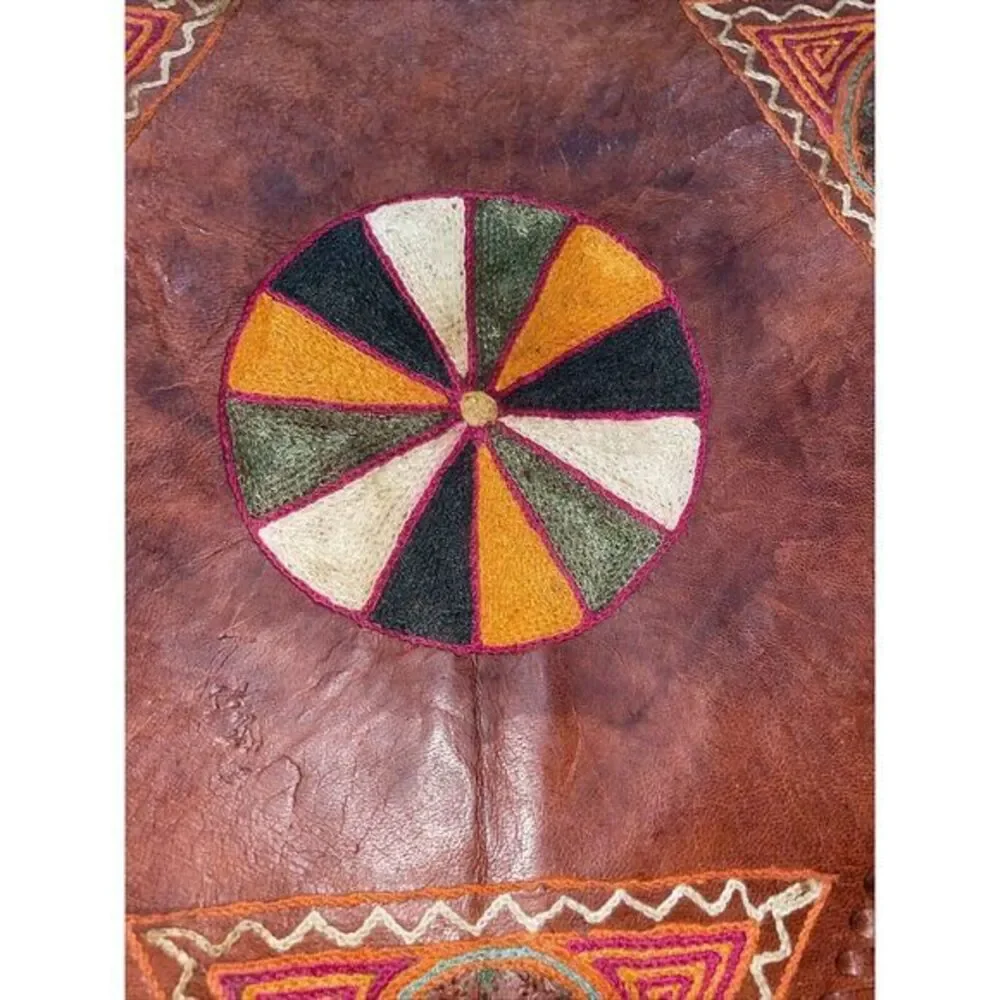 Leather Tripod‎ Saddle Stool Cover Needlepoint Geometric Pattern